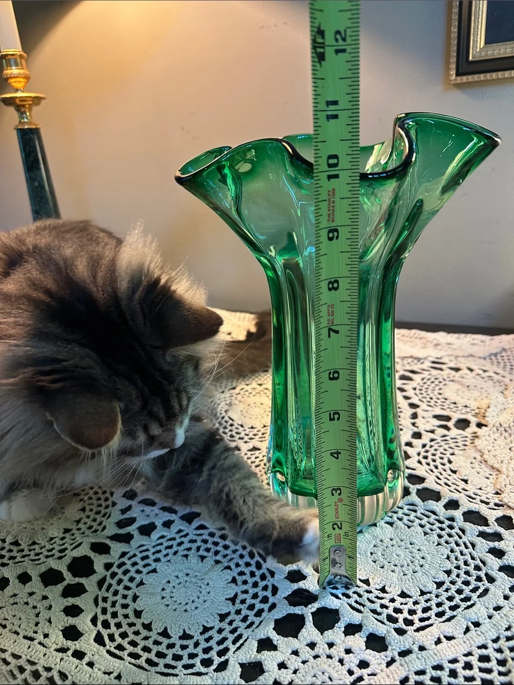 Vintage Green Art Glass Ruffled Vase - Unbranded